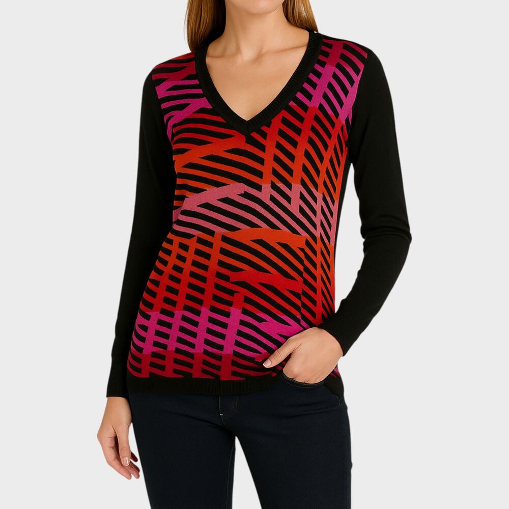 Worthington Womens Sweater Medium V Neck Black With Red Purple Orange